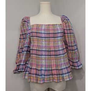 Tommy Hilfiger‎ Plaid Smocked Square Neck Puff Sleeve Cottagecore Prairie XXL